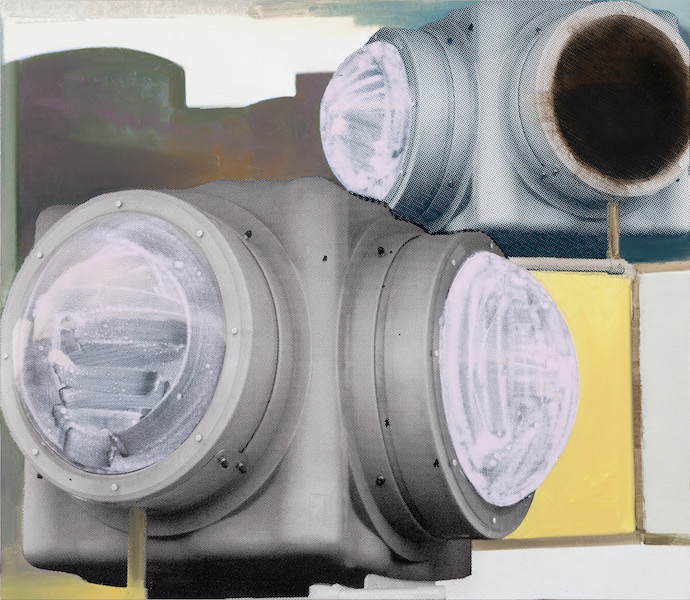 Wolfgang Ellenrieder: Luken, 2020, Pigmentdruck und Öl auf Nessel, 41 x 47 cm

